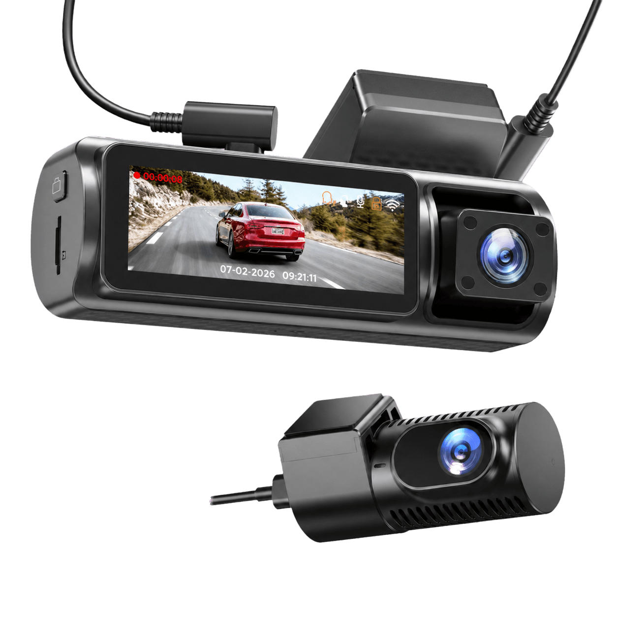 Three-channel front rear and cabin dash camera system
